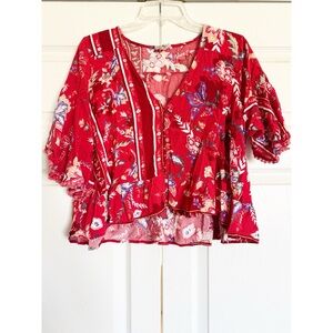 Jaase Red Floral Oversized Boho Bell Sleeve Button Down Top